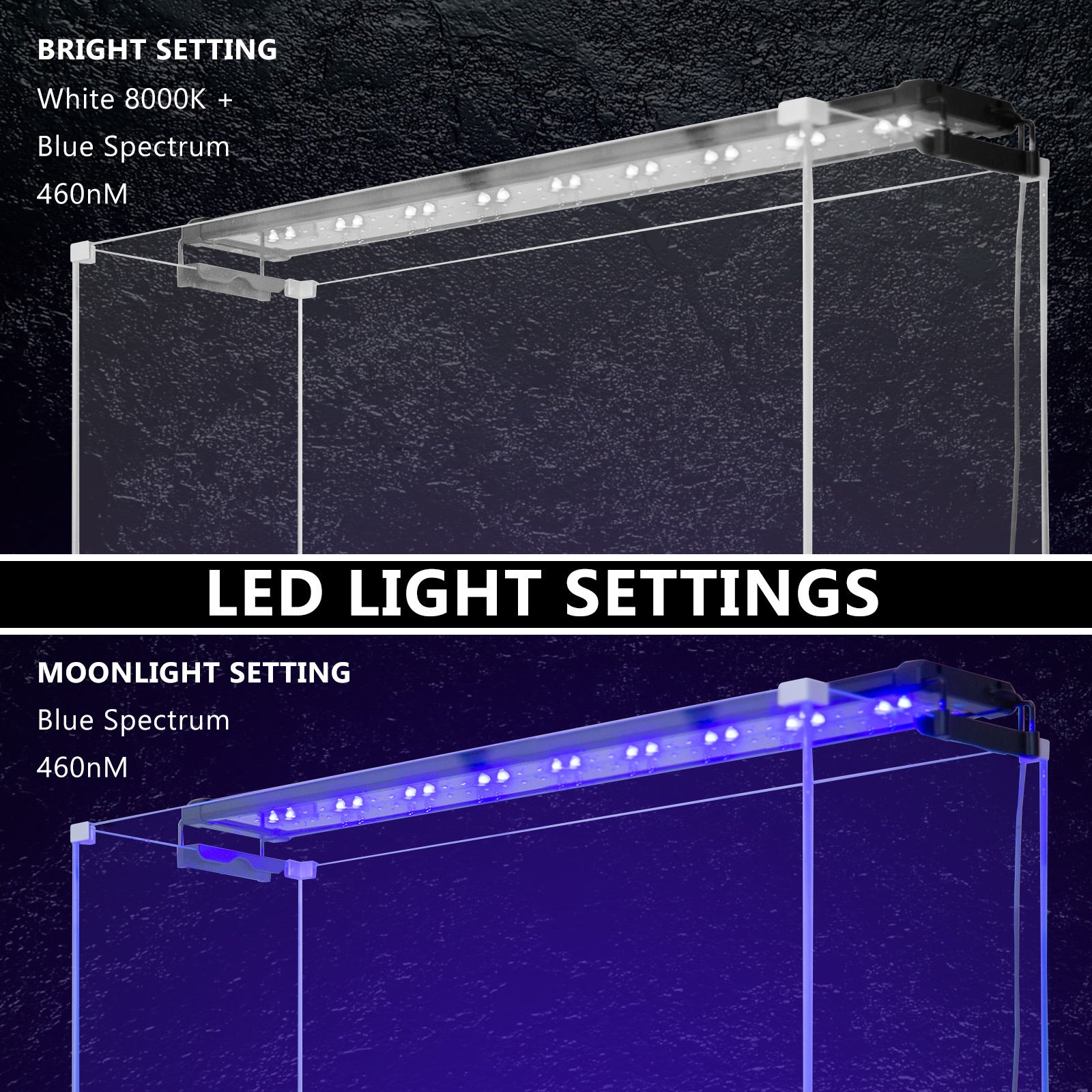 Dynamic Power 18W Aquarium Blue White LED Light designed for 75-95cm tanks, showcasing its sleek design and dual lighting options.